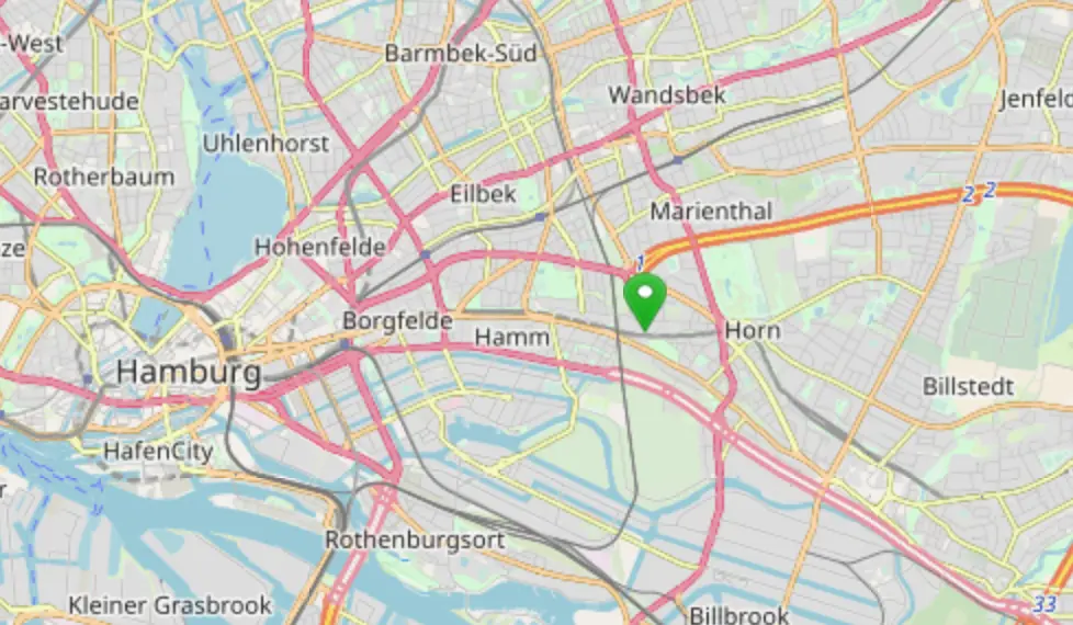 Karte von Hamburg mit gestecktem Pin beim Rauhen Hause